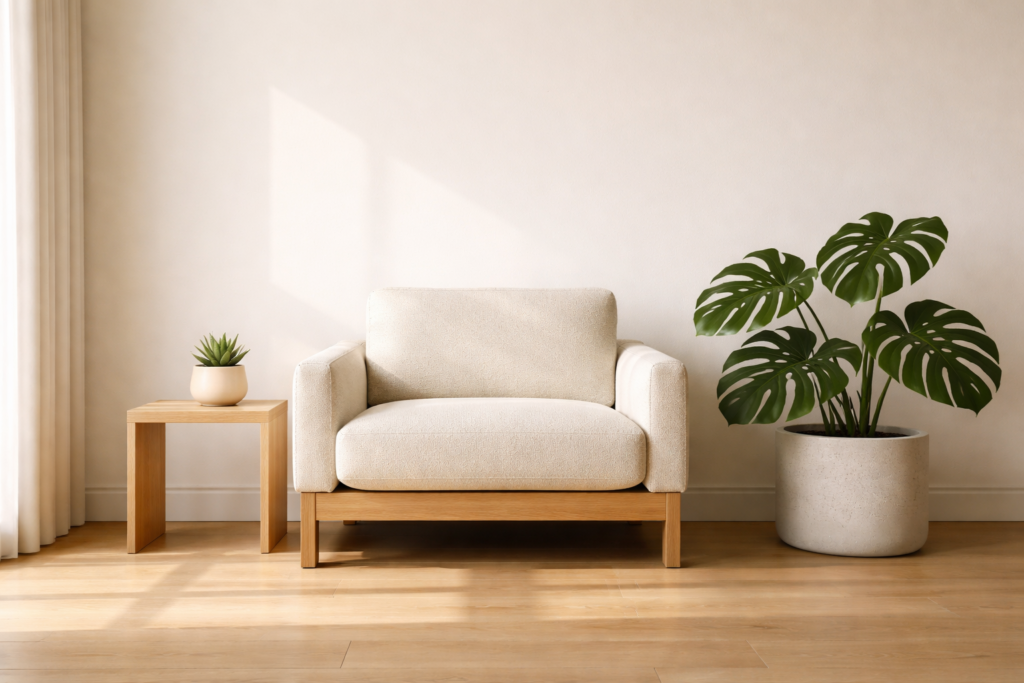 Architectural plant staging logic featuring a scaled Monstera and a succulent anchoring a sun-drenched, high-end living corner.