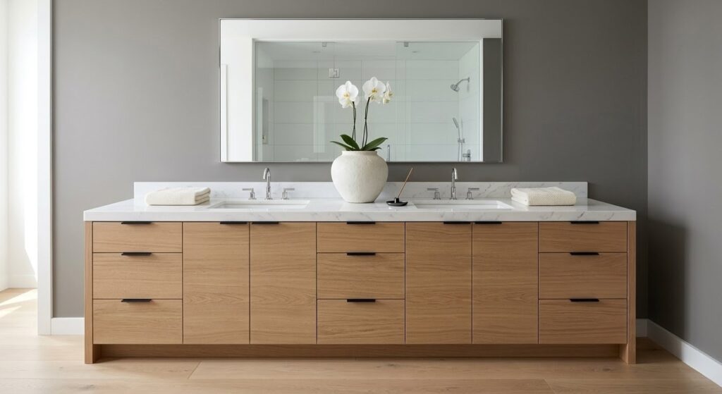 Minimalist bathroom staging logic featuring a rich light oak storage vanity, double sinks, a singular white orchid, and an unlit incense stick anchoring a sun-drenched, Stone Grey spa sanctuary.