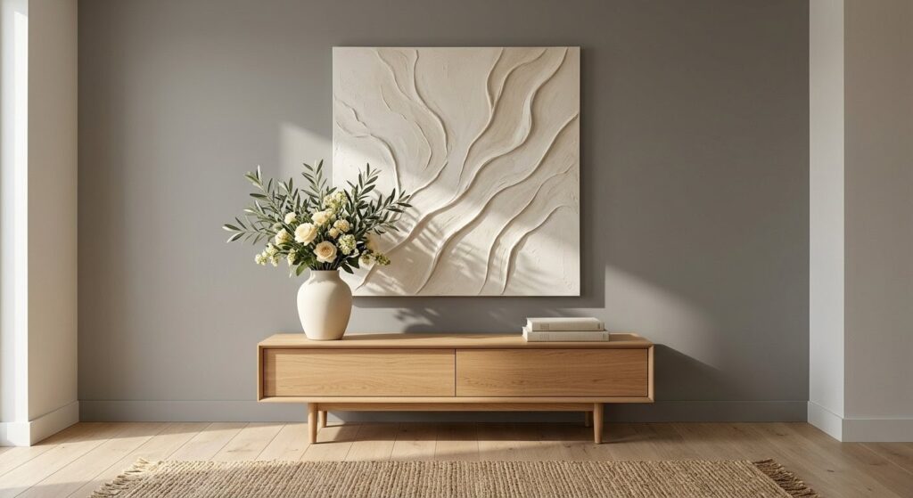 Minimalist art staging logic featuring an oversized plaster-relief canvas anchored above an oak console in a sun-drenched, Stone Grey entryway.