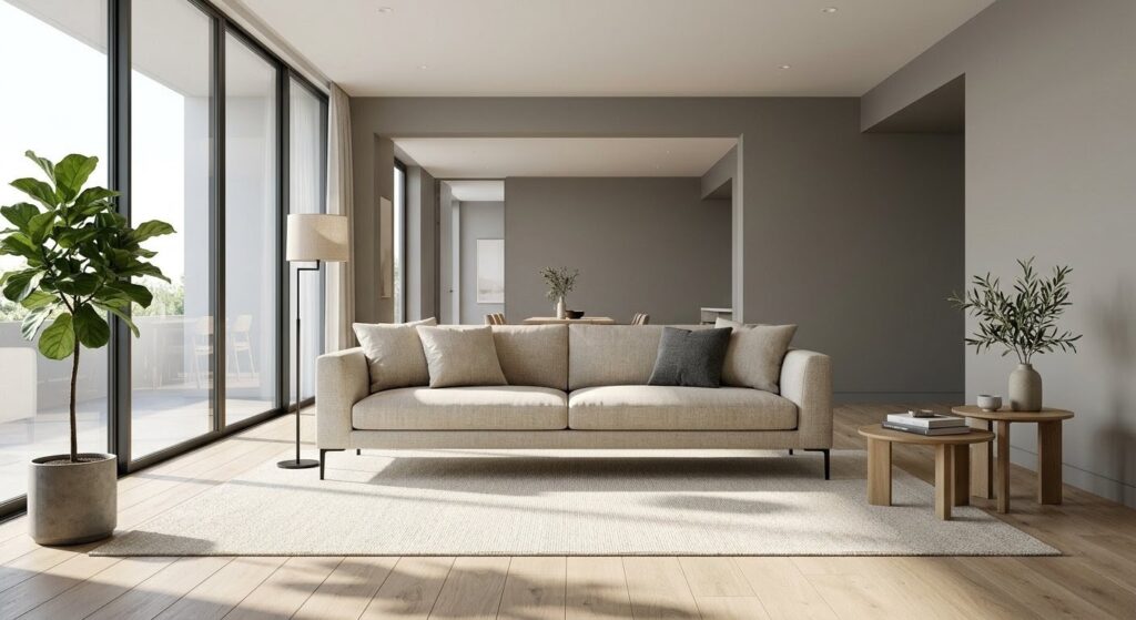 Modern sofa staging scale featuring a symmetrical light oatmeal linen sofa grounding a sun-drenched high-end living room.