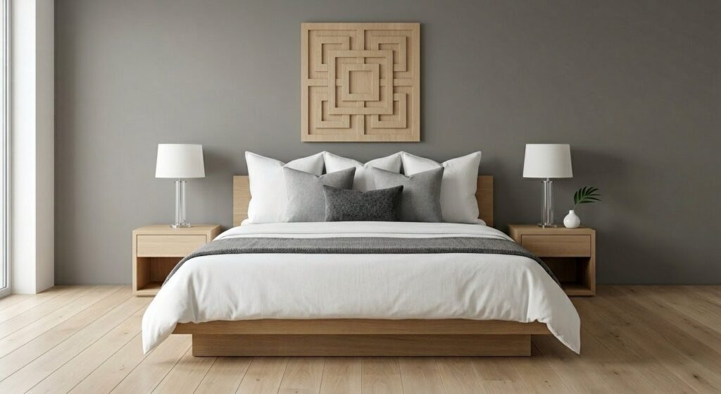 Primary bedroom staging logic featuring a symmetrical platform bed and a precise white and charcoal pillow stack anchoring a sun-drenched, Stone Grey sanctuary.