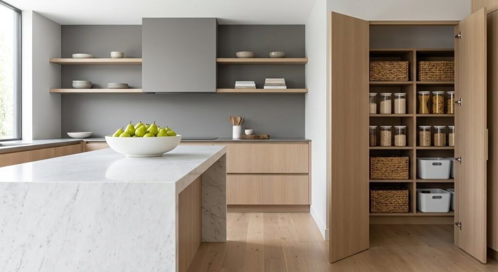 Minimalist kitchen staging logic featuring a white marble waterfall island, organized pantry bins, and a single ceramic bowl of green pears anchoring the foreground.