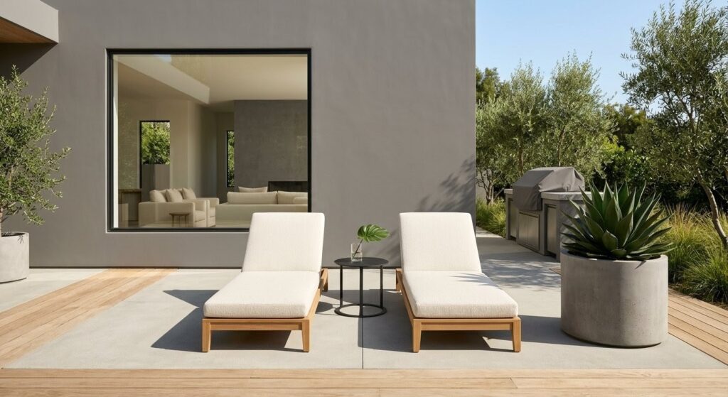 Minimalist outdoor staging logic featuring low-profile teak chairs, a singular concrete planter, and a neatly covered grill anchoring a high-end, resort-quality patio.