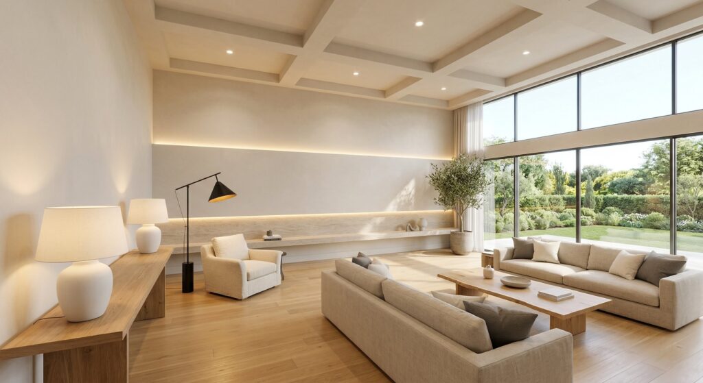 Bright and warm architectural lighting logic featuring 2700K layered light in a minimalist staged living room.