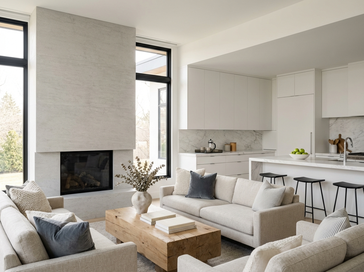 Strategic Home Staging - The Defined Dwelling Modern Interior. This photo shows an open concept family/kitchen area with clean clutter-free surfaces, neutral colors. There are no window curtains or blinds, no distracting art on the walls and no kitchen towels.